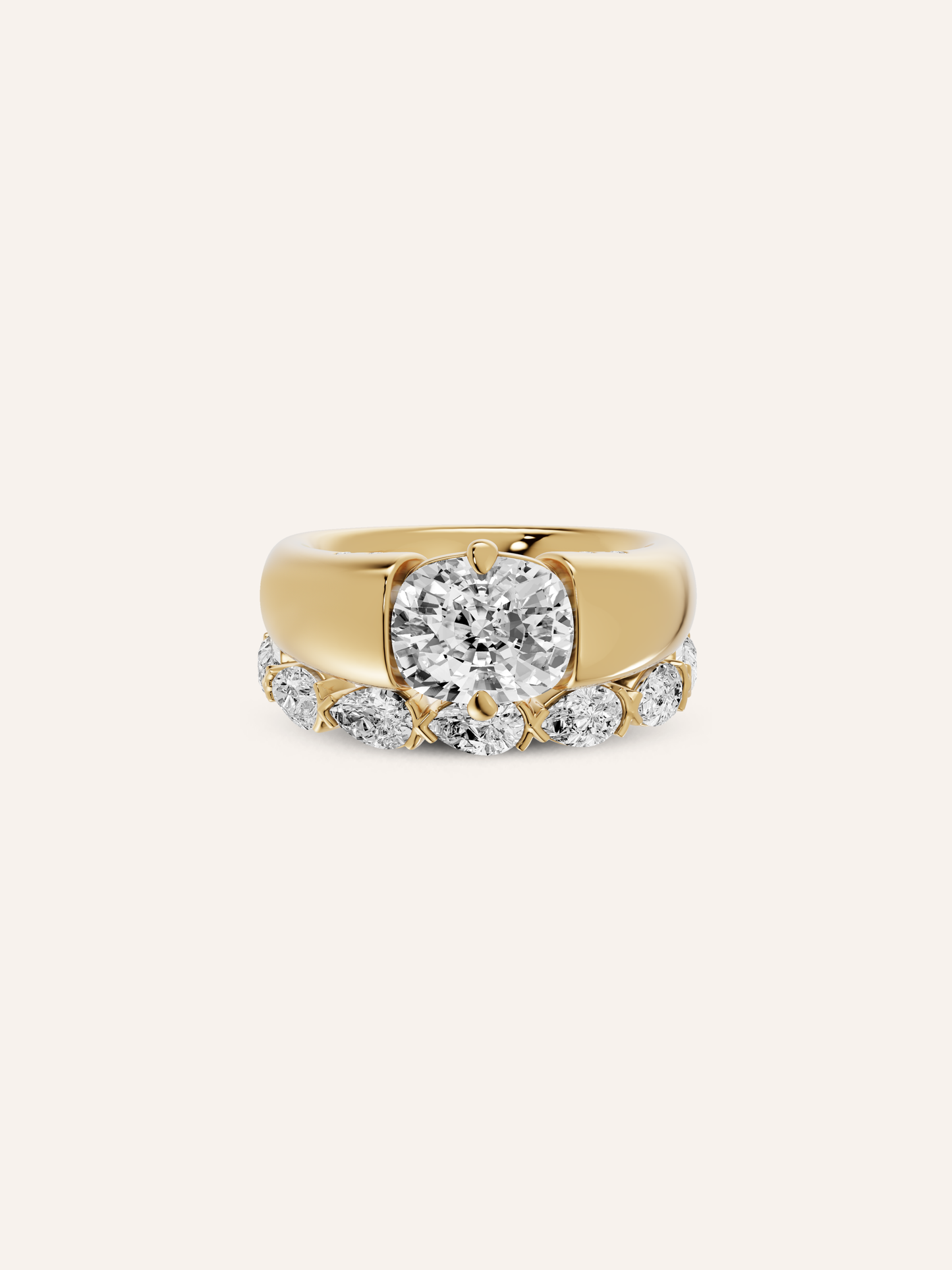 Close-up of the recessed engraving panel and hammer-set diamonds on the KAIA solid gold band, available as a custom engagement ring