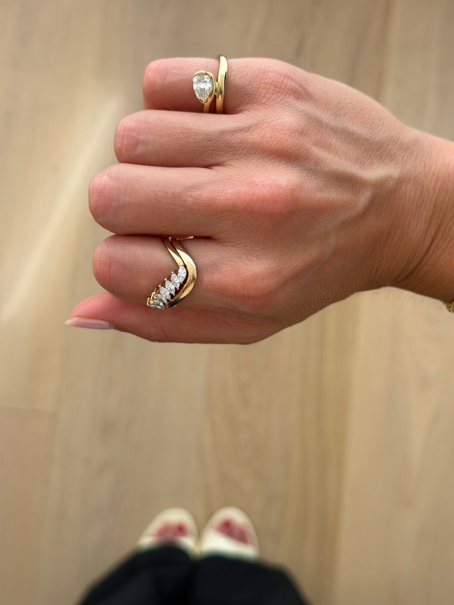 SIA gold ring worn on hand as a contoured wedding band in solid yellow gold, made in Australia by DÉSIR