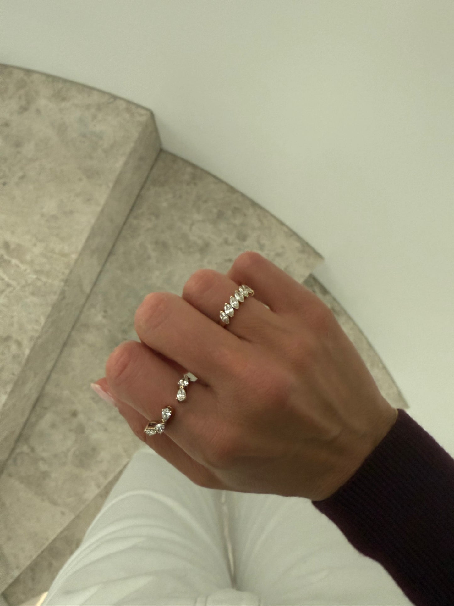XENA marquise eternity ring worn on hand as a diamond wedding band in solid yellow gold, made in Australia by DÉSIR