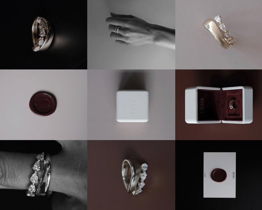 A collage showcasing elegant jewellery and luxury packaging, featuring a sculptural gold ring with pear-cut diamonds styled on hand and product shots perfect inspiration for thoughtful mum gift ideas.
