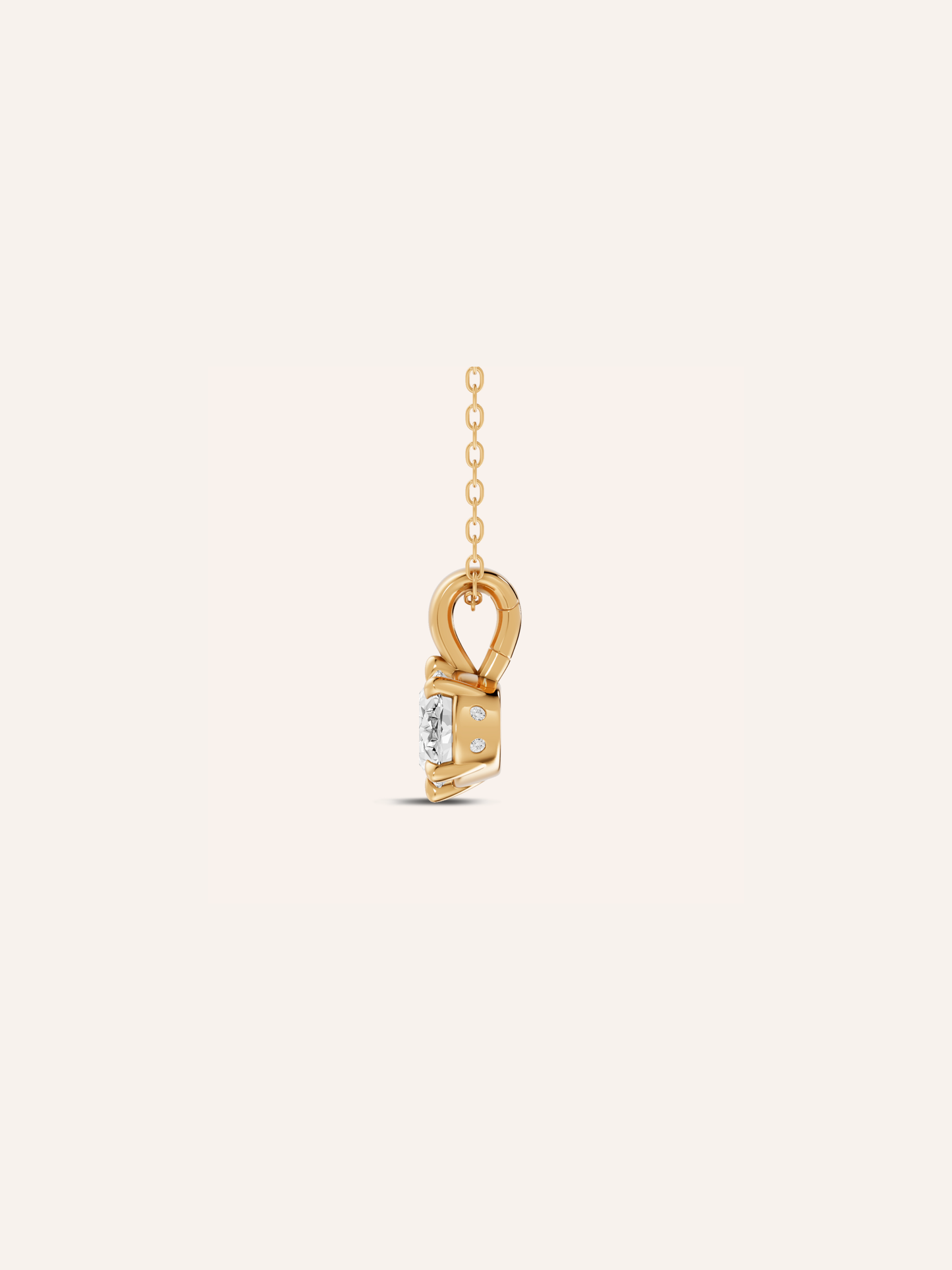 Close-up of the east-west oval lab-grown diamond on the ARLO pendant, with an asymmetric accent stone, other gemstones available