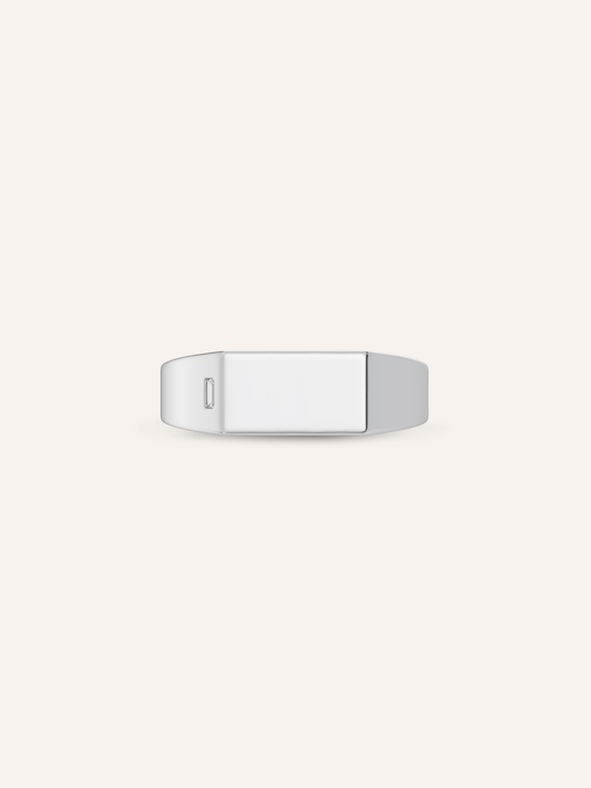 AXEL men's rectangular signet ring in solid 9ct white gold with a bezel-set baguette lab-grown diamond on the face, made in Australia by DÉSIR