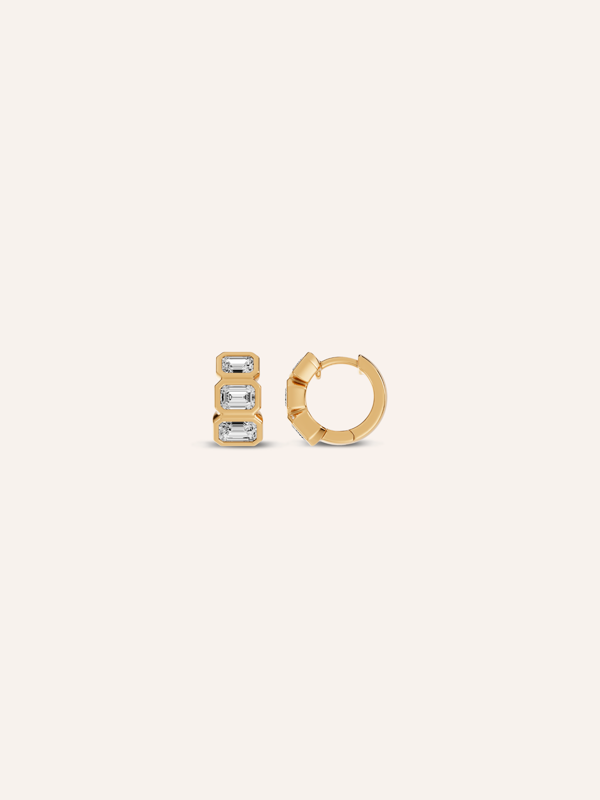 The EDIE huggies, an emerald-cut diamond huggie earring in solid yellow gold by DÉSIR, a luxury Australian jewellery brand