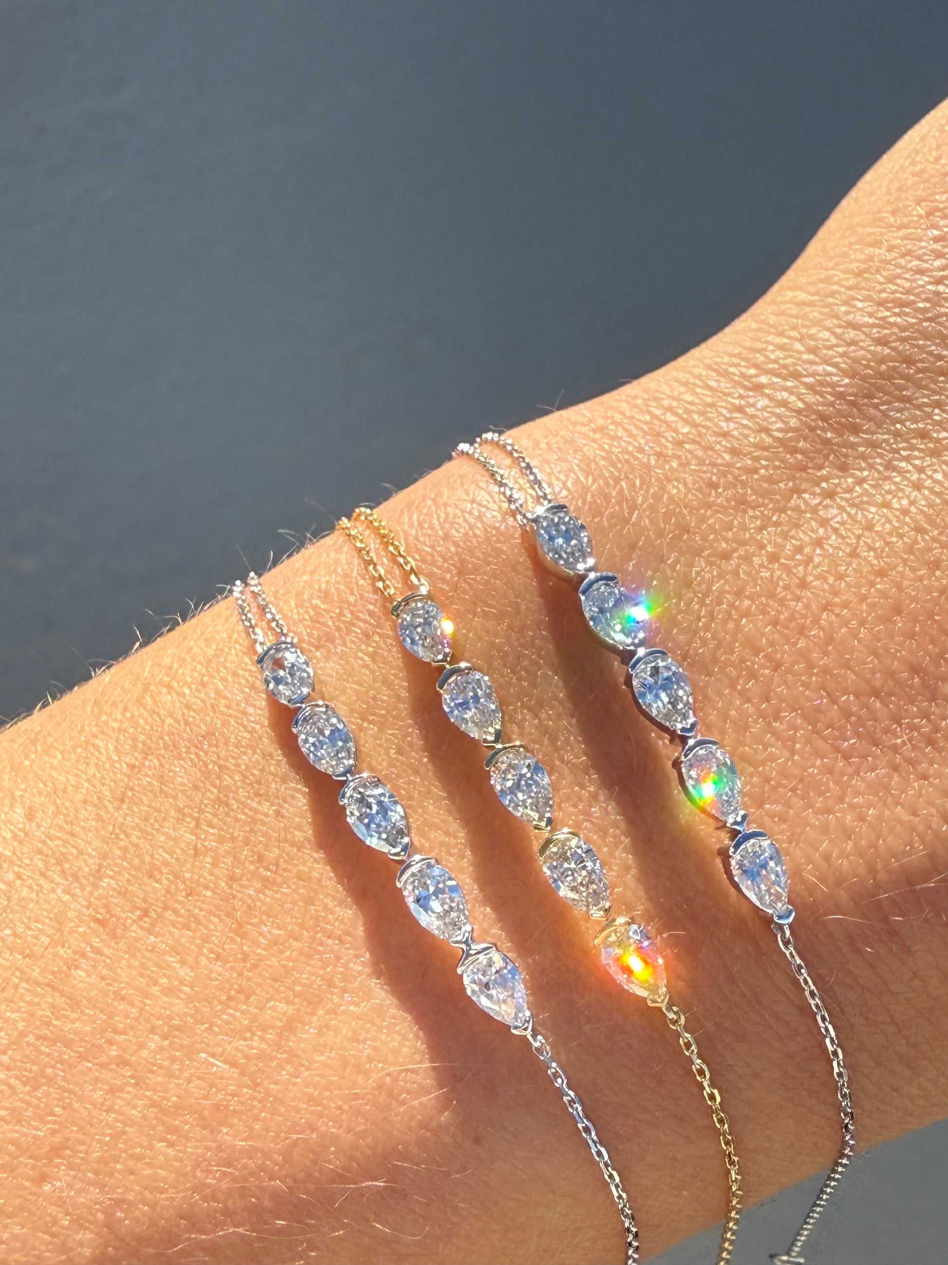 Close-up of a wrist wearing Gia Bracelets Collection on a grey background