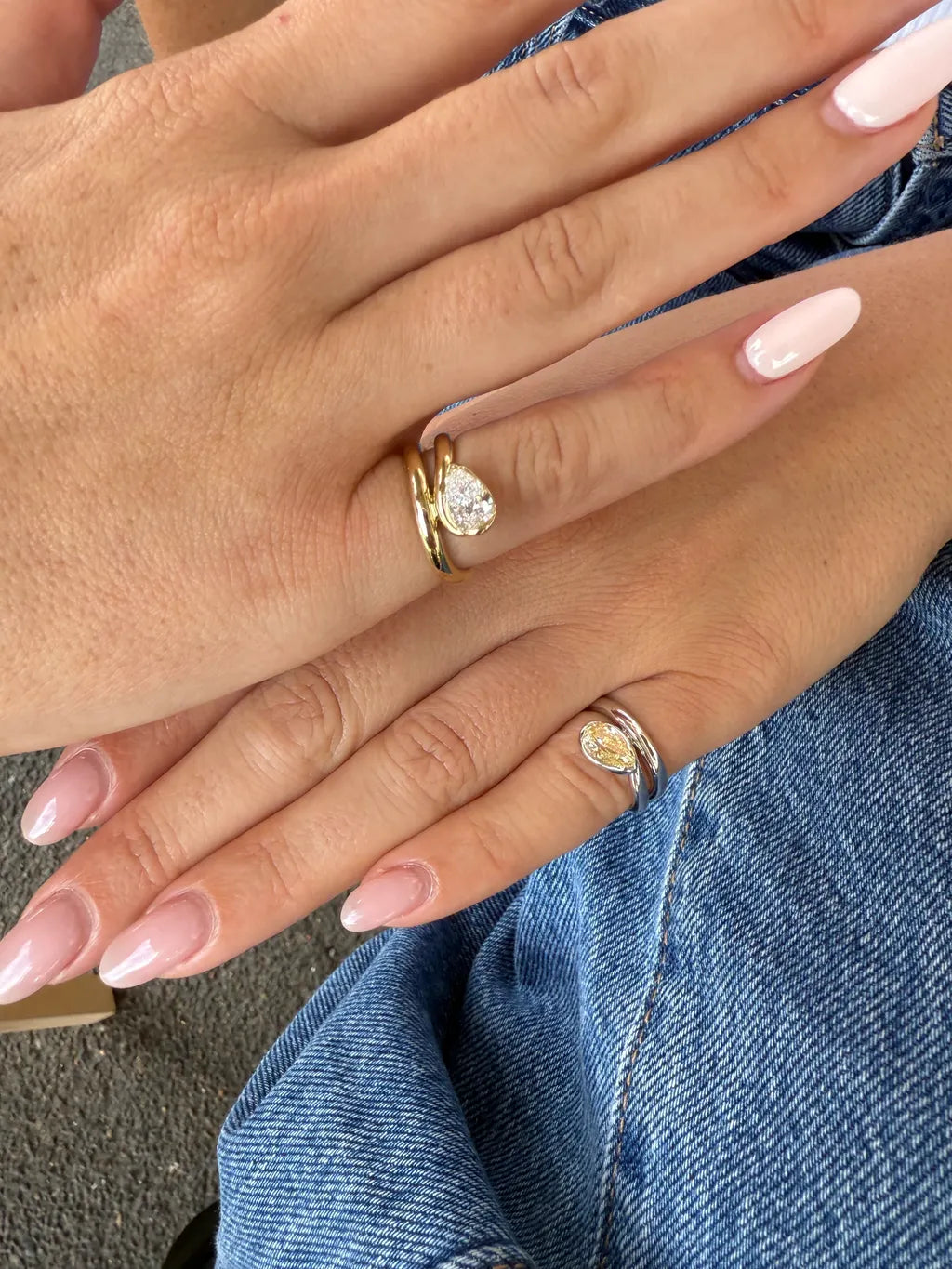 GLO white diamond pinky rings worn as a matching pair in solid yellow gold, available with natural diamonds by DÉSIR