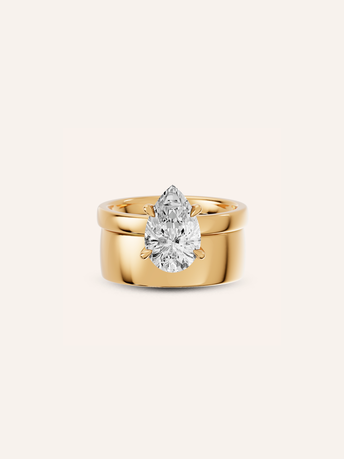 Close-up of the polished flat profile of the GRETA 18ct yellow gold cigar band ring
