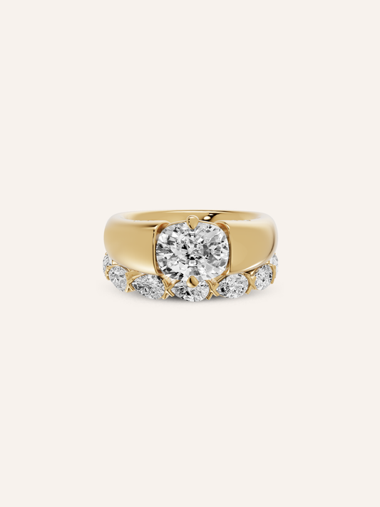 Close-up of the recessed engraving panel and hammer-set diamonds on the KAIA solid gold band, available as a custom engagement ring