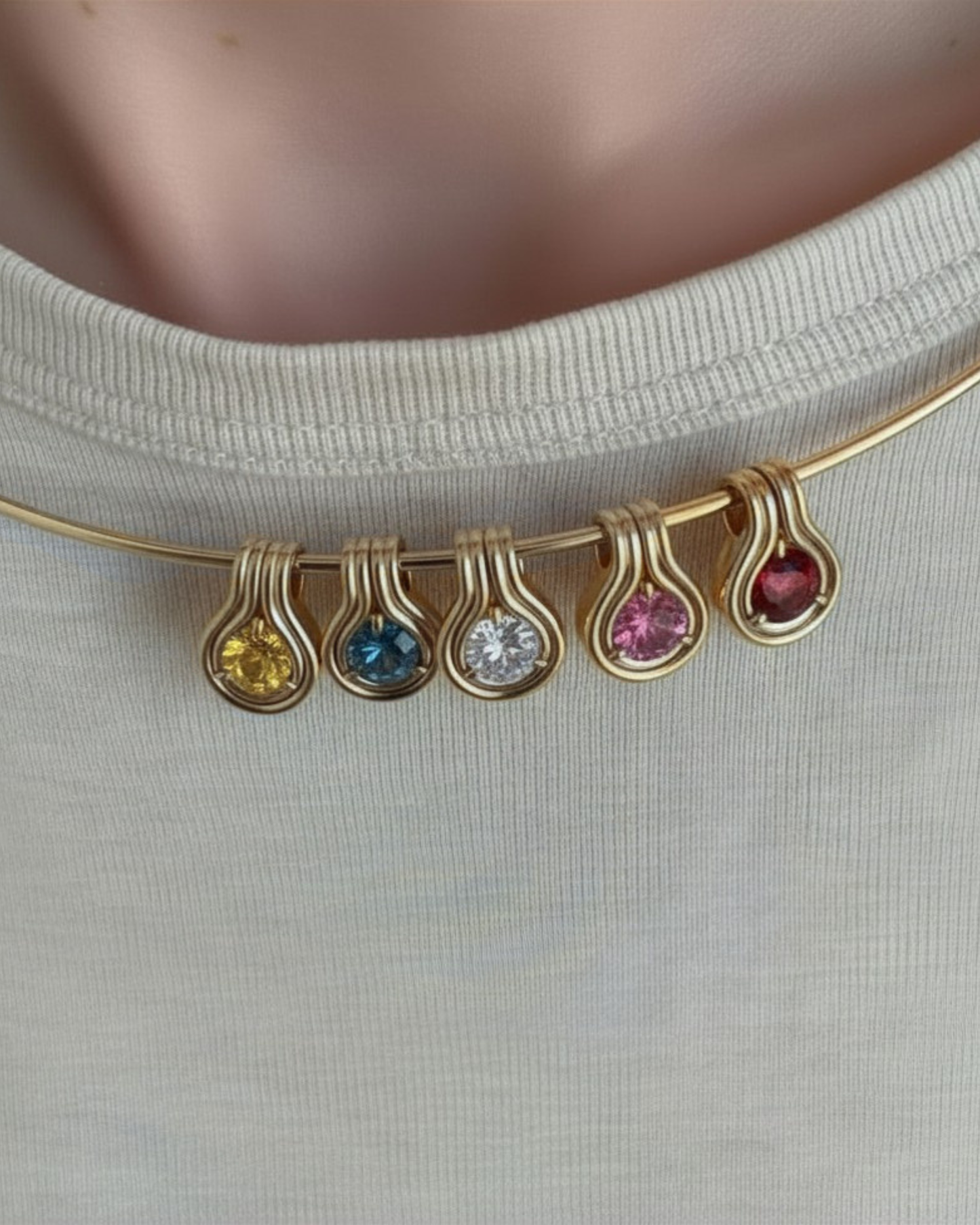 NOA birthstone pendant worn on the neckline in 9ct yellow gold, a personalised gift with a hinged bail that clips onto a thicker chain