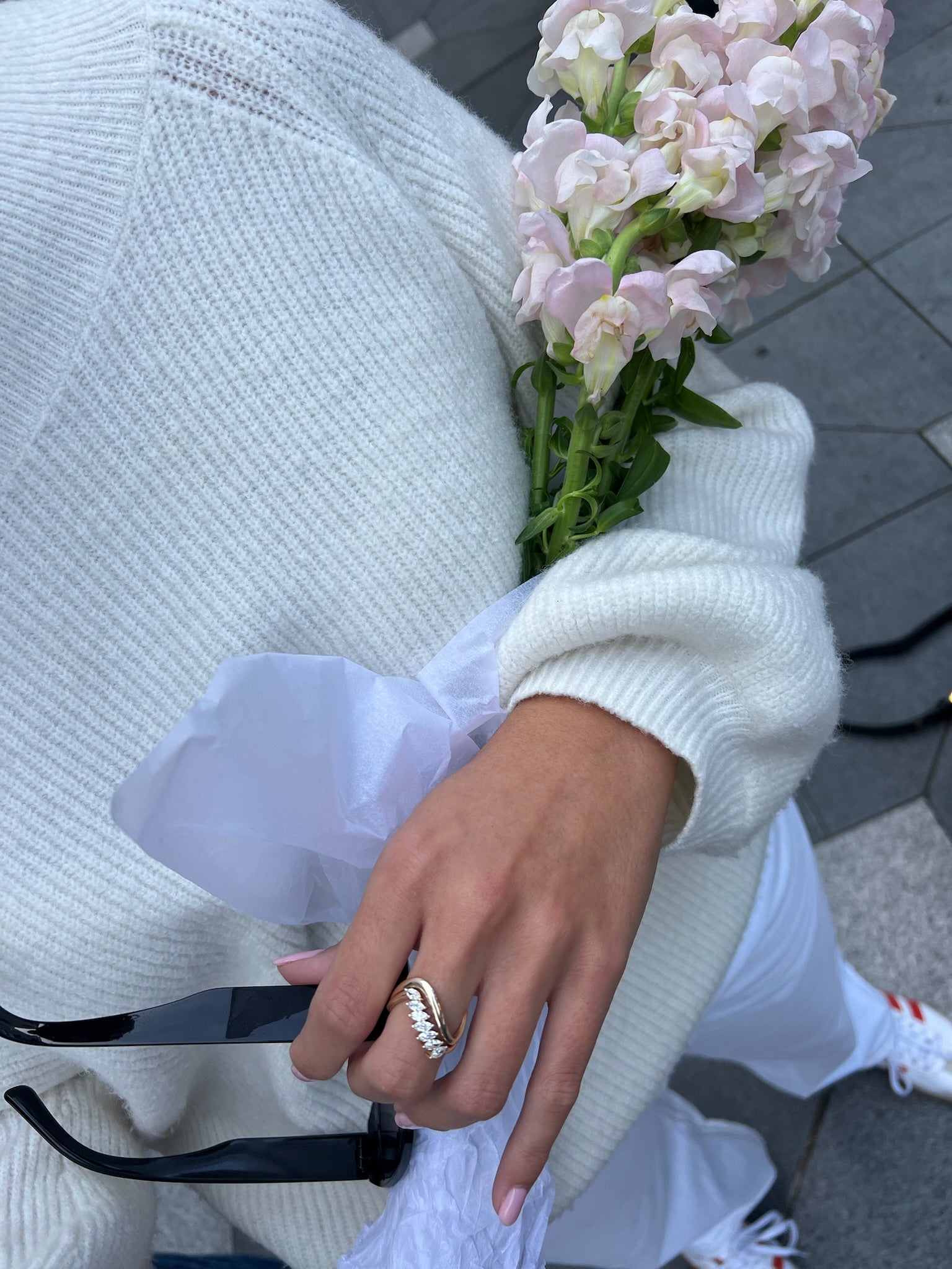 SIA marquise diamond stacking ring worn on hand in solid yellow gold, dainty fine jewellery by DÉSIR