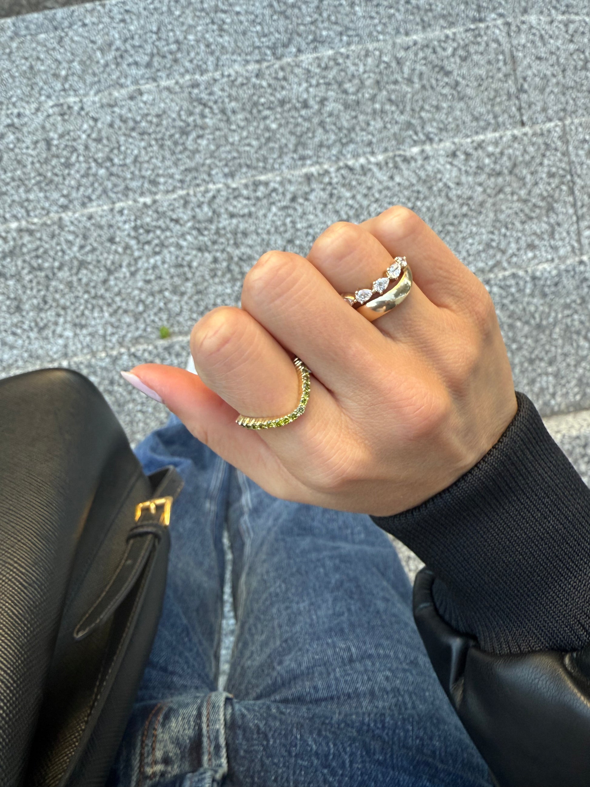 SIA peridot ring worn on hand as a peridot stacking ring in solid yellow gold, made in Australia by DÉSIR