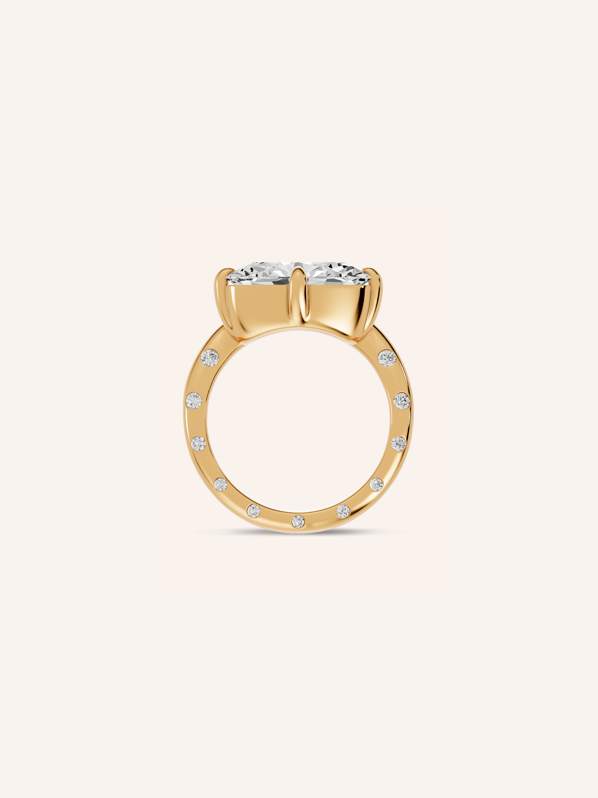 Side view of the TIA ring showing the lab-grown oval diamond held in a compass prong setting above the curved band