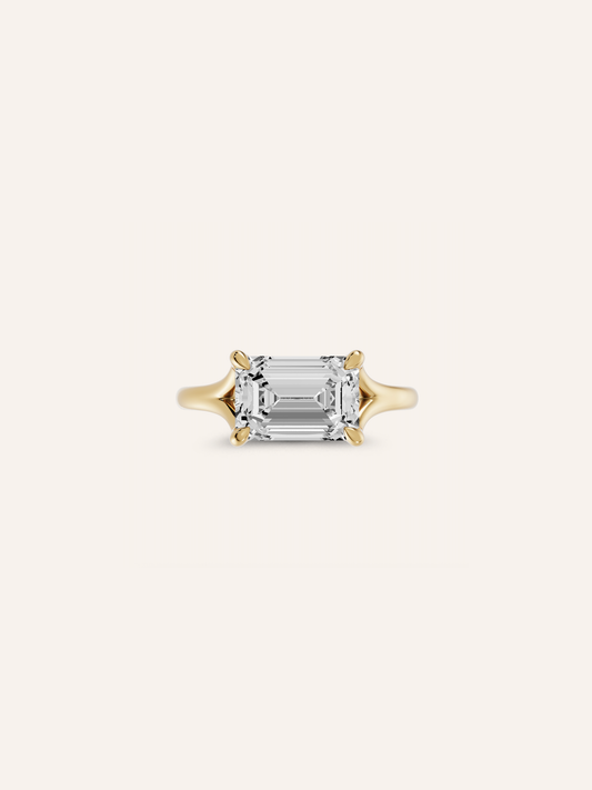 VESPA ring, an east-west emerald-cut diamond engagement ring in solid 18ct yellow gold by DÉSIR, an Australian engagement ring designer