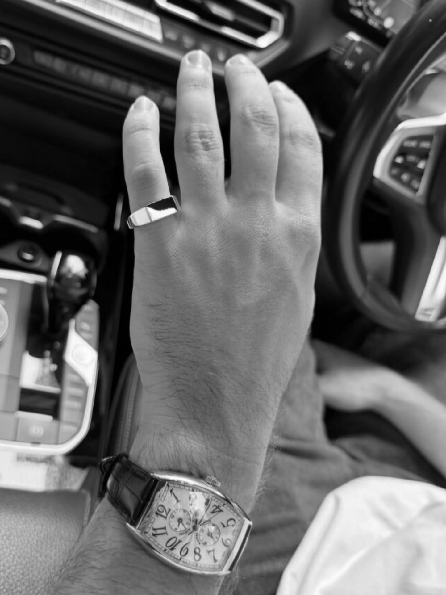 AXEL men's rectangular signet ring worn on the hand in solid white gold as a modern men's wedding band, available with lab-grown or natural diamonds, luxury men's jewellery from Australia by DÉSIR