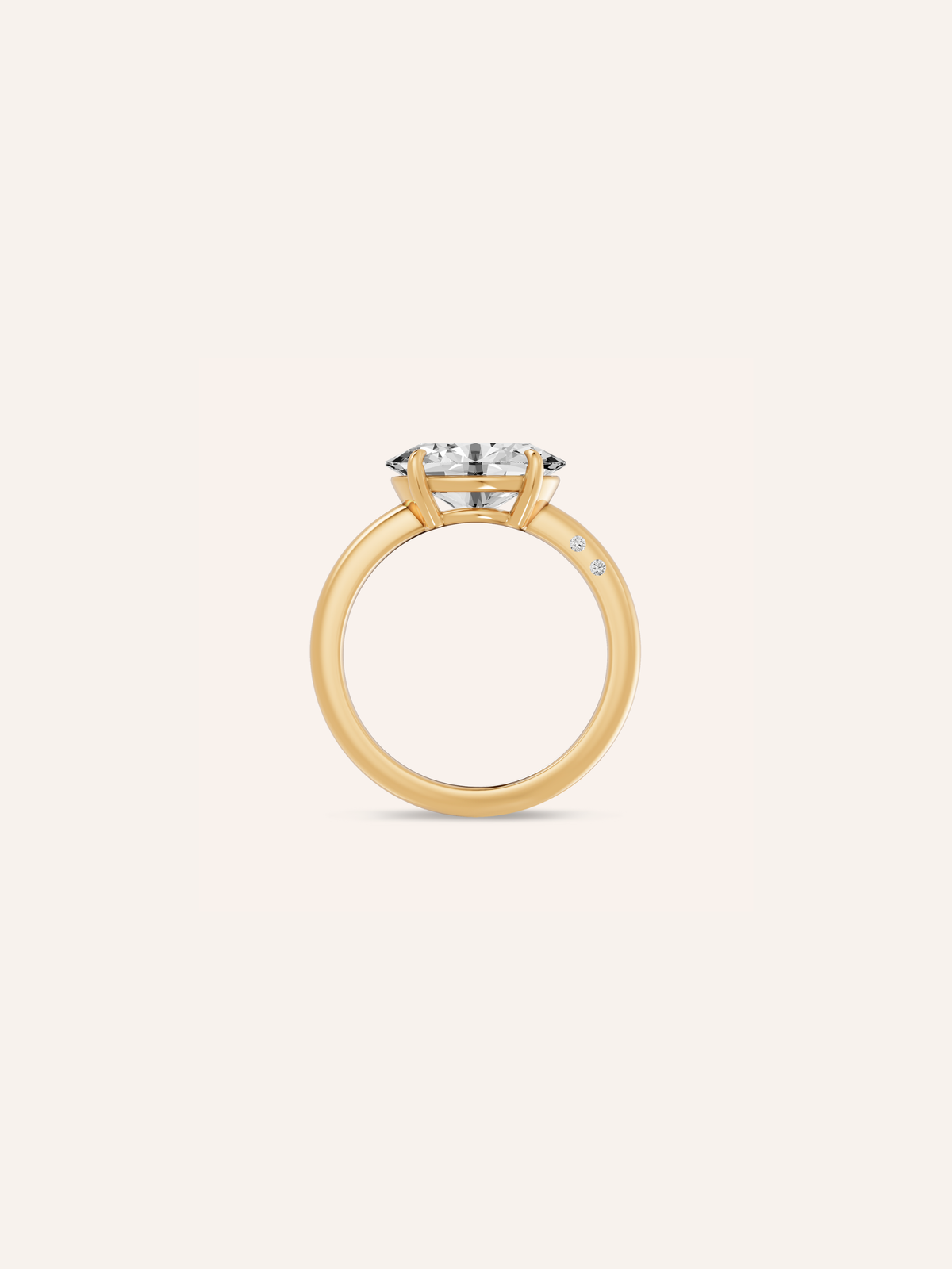 Side view showing the open basket and two accent diamonds set into the shoulder